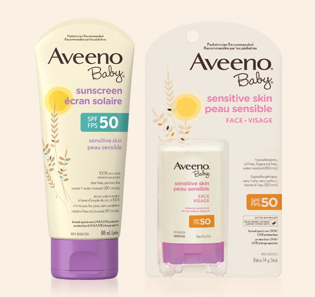 AVEENO® BABY Sensitive Skin Mineral Sunscreen SPF 50, 88ml lotion and 14g stick