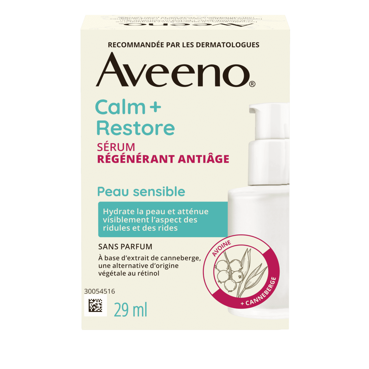 Panneau avant du sérum régénérant antiâge Aveeno® Calm + Restore, 29 ml