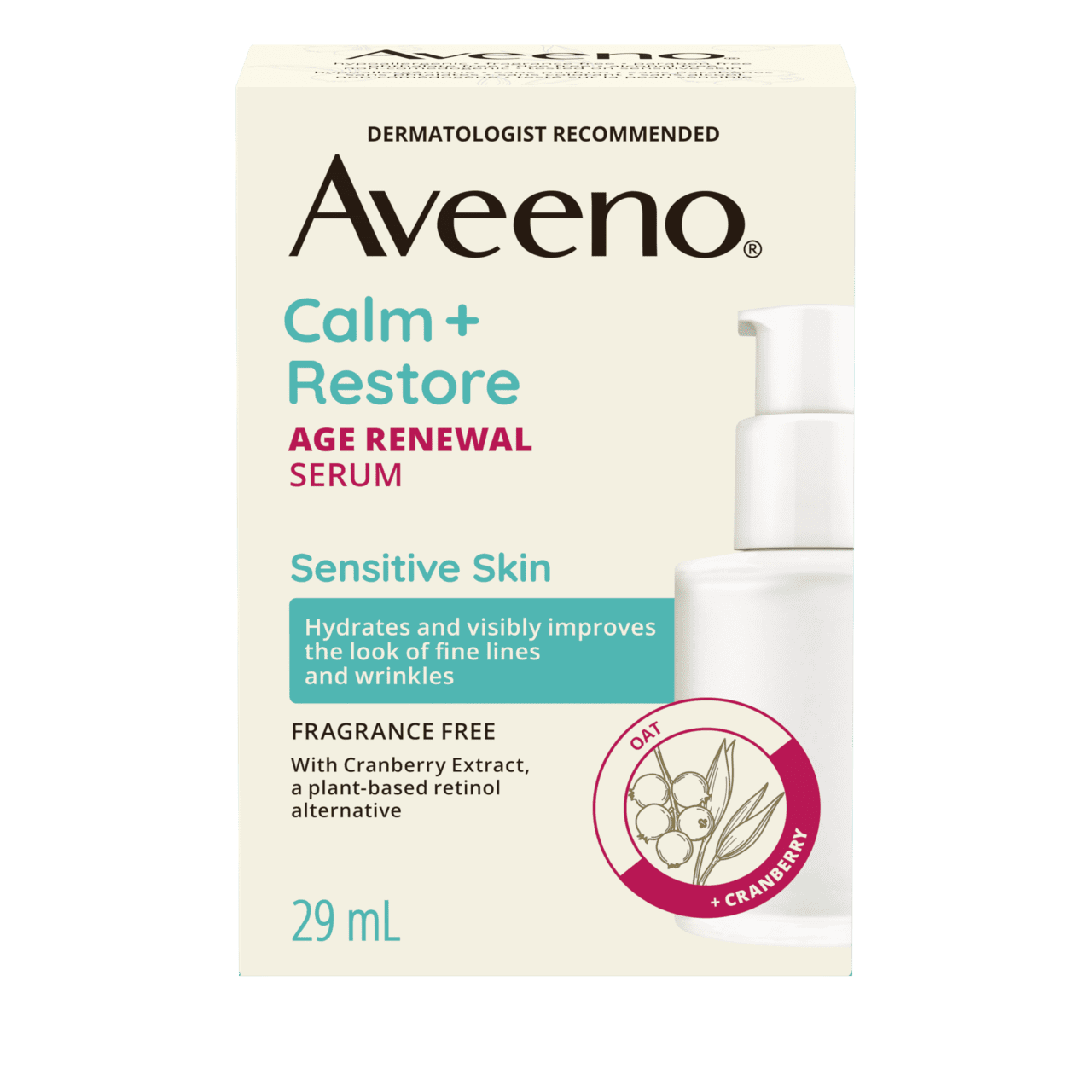 Front shot of AVEENO® Calm + Restore Age Renewal Serum, 29 mL
