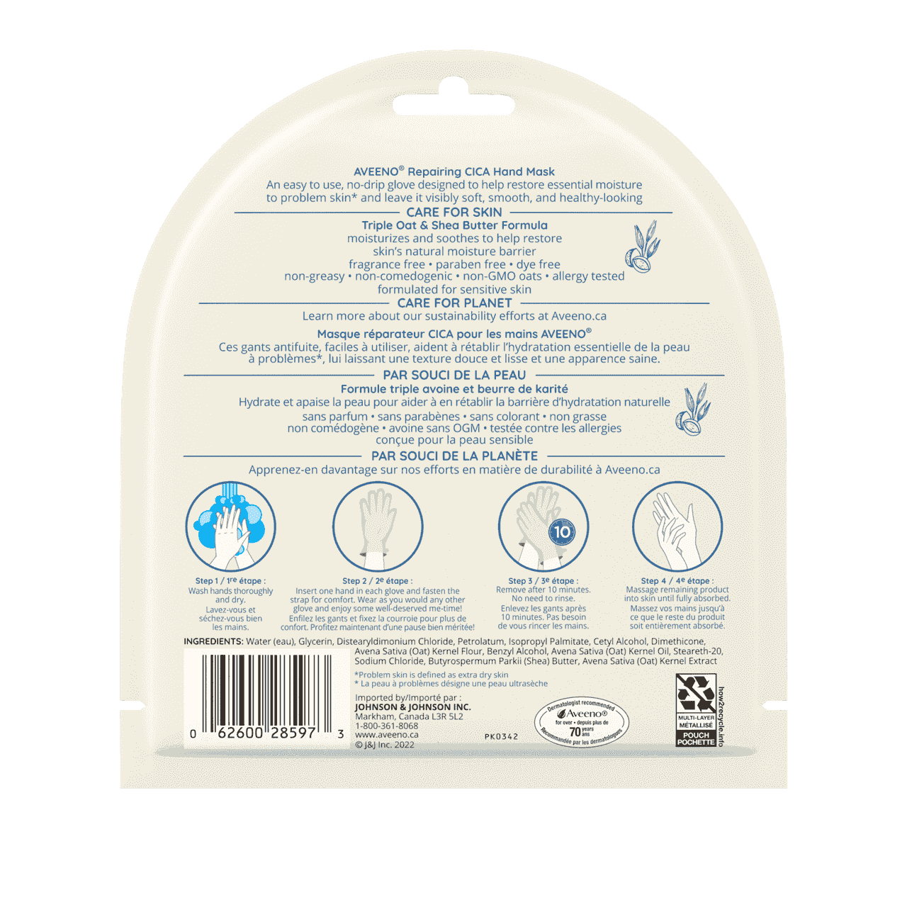 Panneau arrière de l'emballage du masque réparateur CICA pour les mains AVEENO®