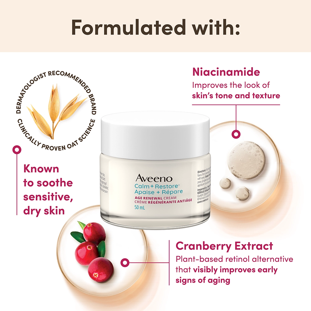 The front shot of the AVEENO® Calm + Restore Age Renewal Cream jar with oats, cranberries, and niacinamide ingredients