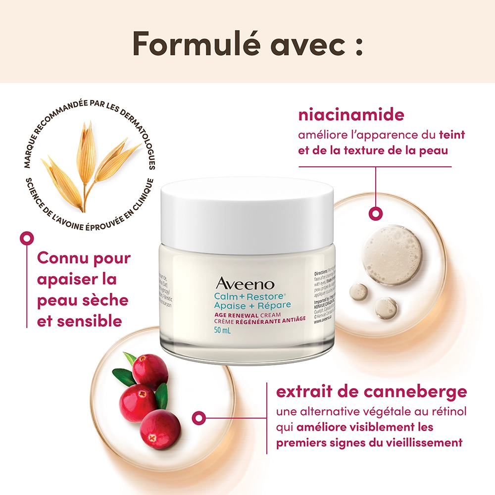 Photo du devant du pot de crème régénérante antiâge Calm + Restore AVEENO® avec les ingrédients d’avoine, de canneberges et de niacinamide