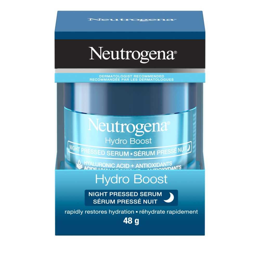 The front shot of NEUTROGENA® Hydro Boost Night Pressed Serum, 48g jar in its package