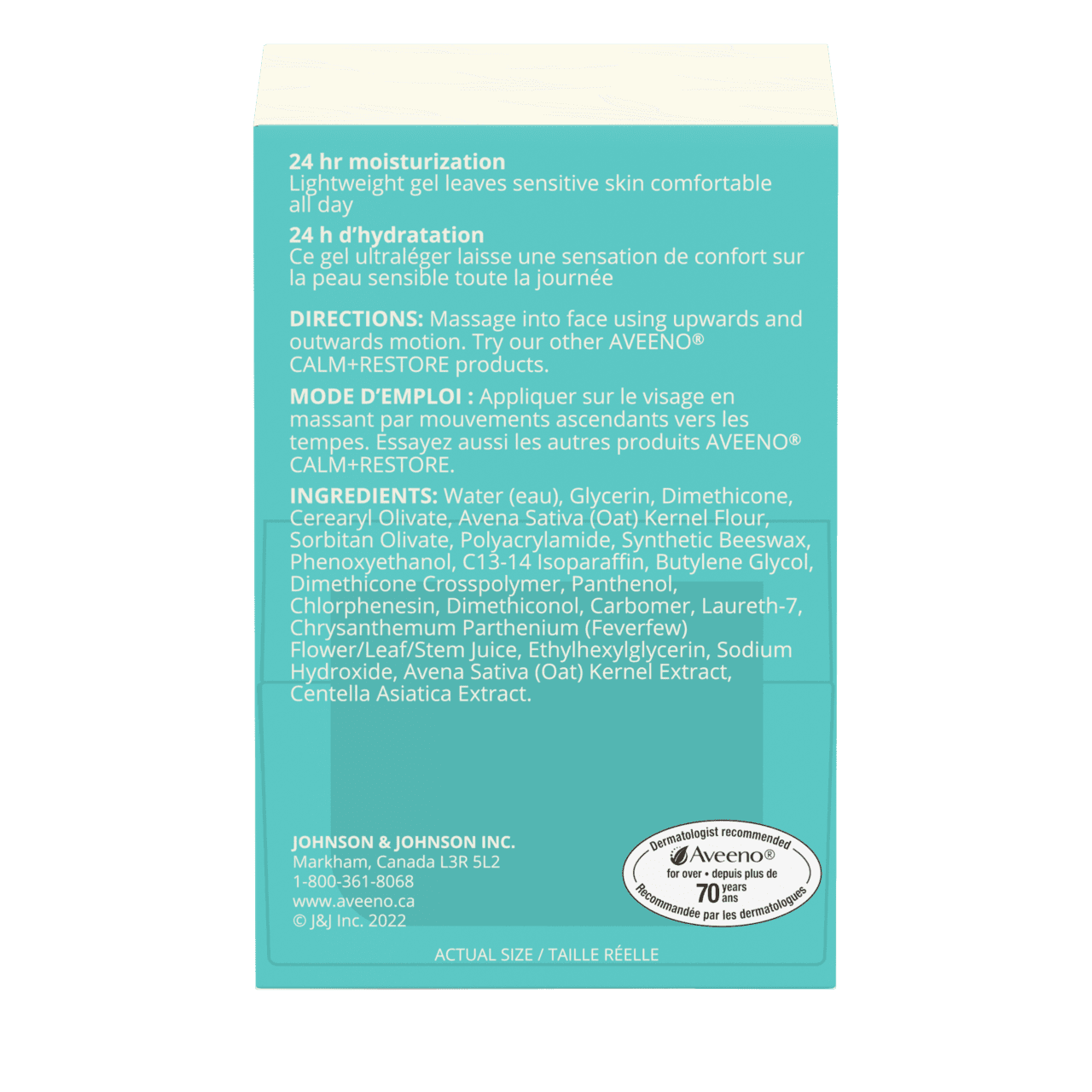 Panneau arrière de l’emballage du gel hydratant à l'avoine AVEENO® Calm + Restore