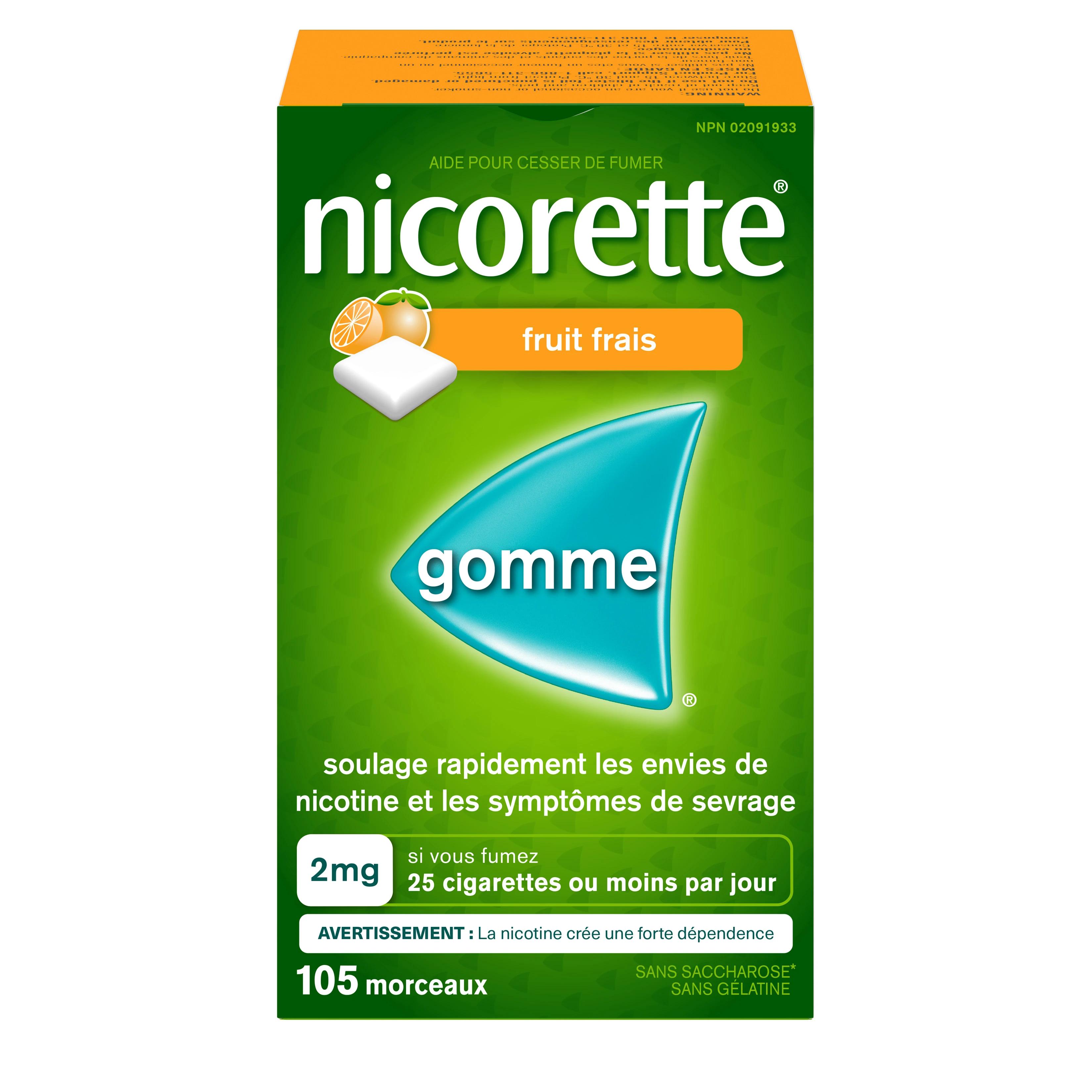 Gomme pour cesser de fumer Nicorette®, fruit frais, 2 mg, 105 morceaux