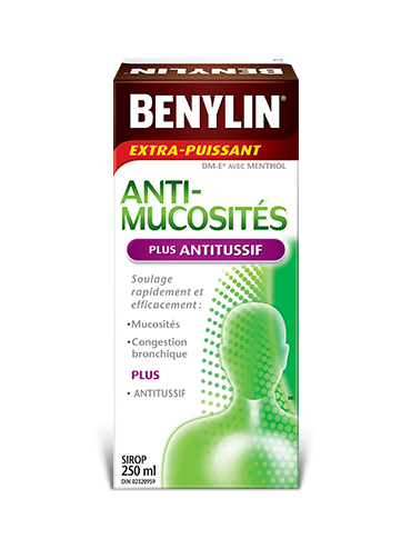 Sirop BENYLIN® ANTI-MUCOSITÉS PLUS ANTITUSSIF, 250 ml. Soulage : Mucosités, toux sèche et mal de gorge.