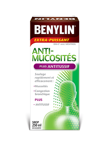 Sirop BENYLIN® ANTI-MUCOSITÉS PLUS ANTITUSSIF, 250 ml. Soulage : Mucosités, toux sèche et mal de gorge.