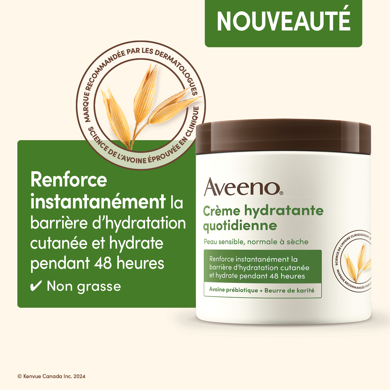 Vue avant de la crème hydratante quotidienne pour peaux sèches et sensibles AVEENO® à côté du logo de marque recommandée par les dermatologues avec un brin d’avoine