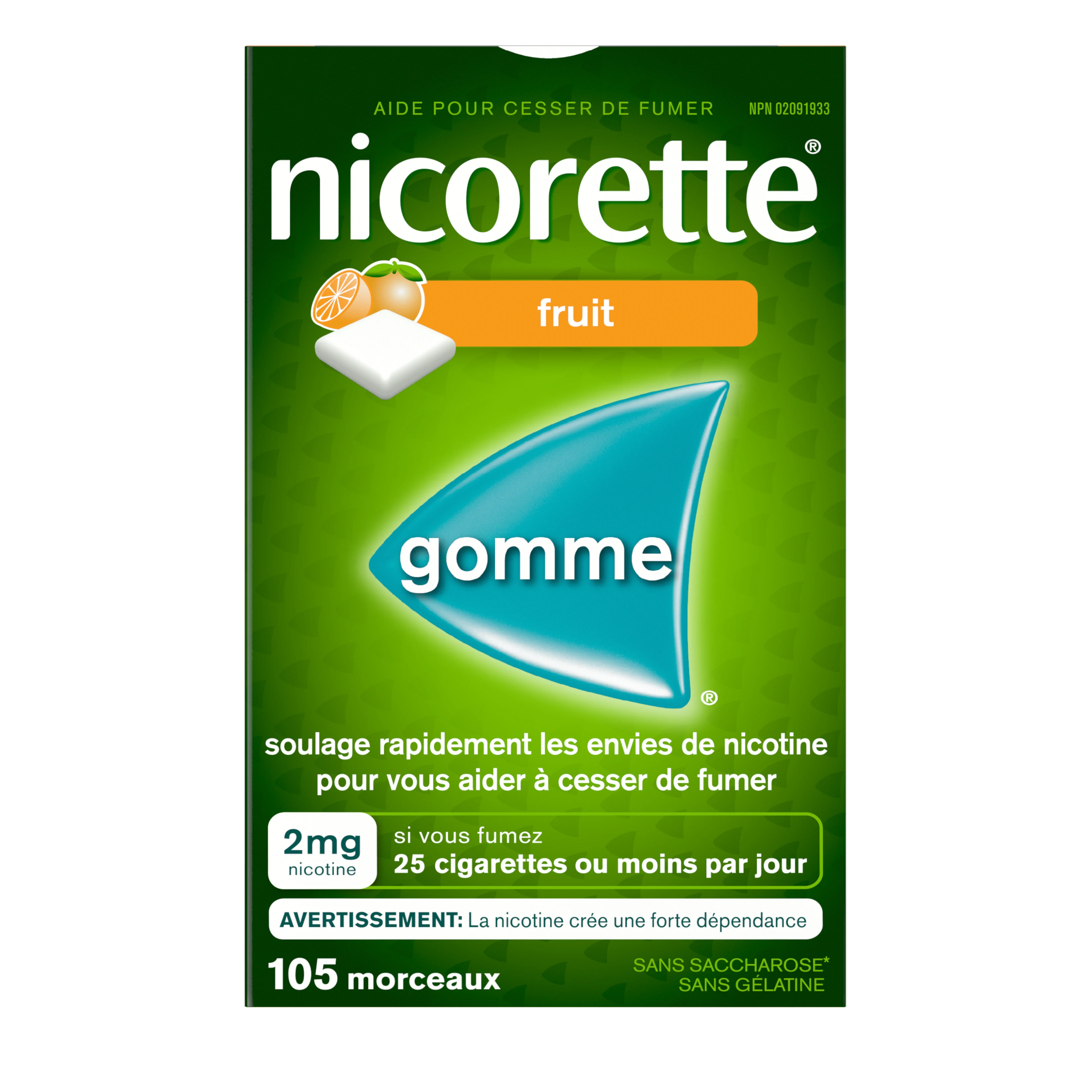 Gomme pour cesser de fumer Nicorette®, fruit frais, 2 mg, 105 morceaux