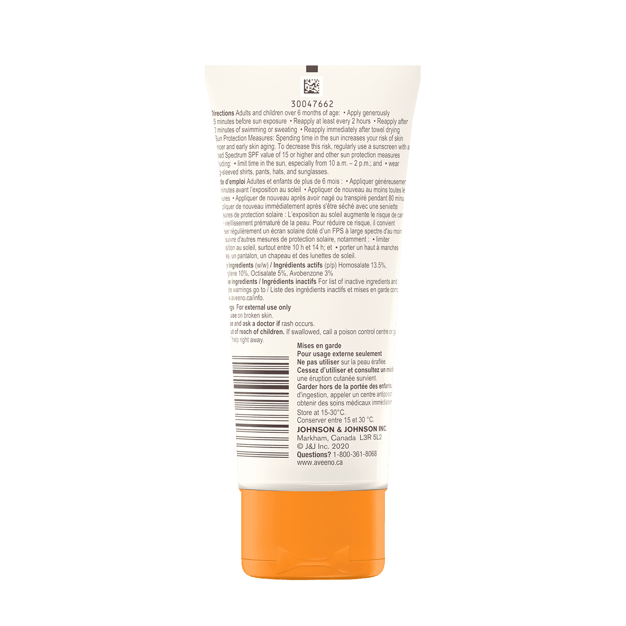 AVEENO® PROTECT + HYDRATE® Sunscreen tube back label 