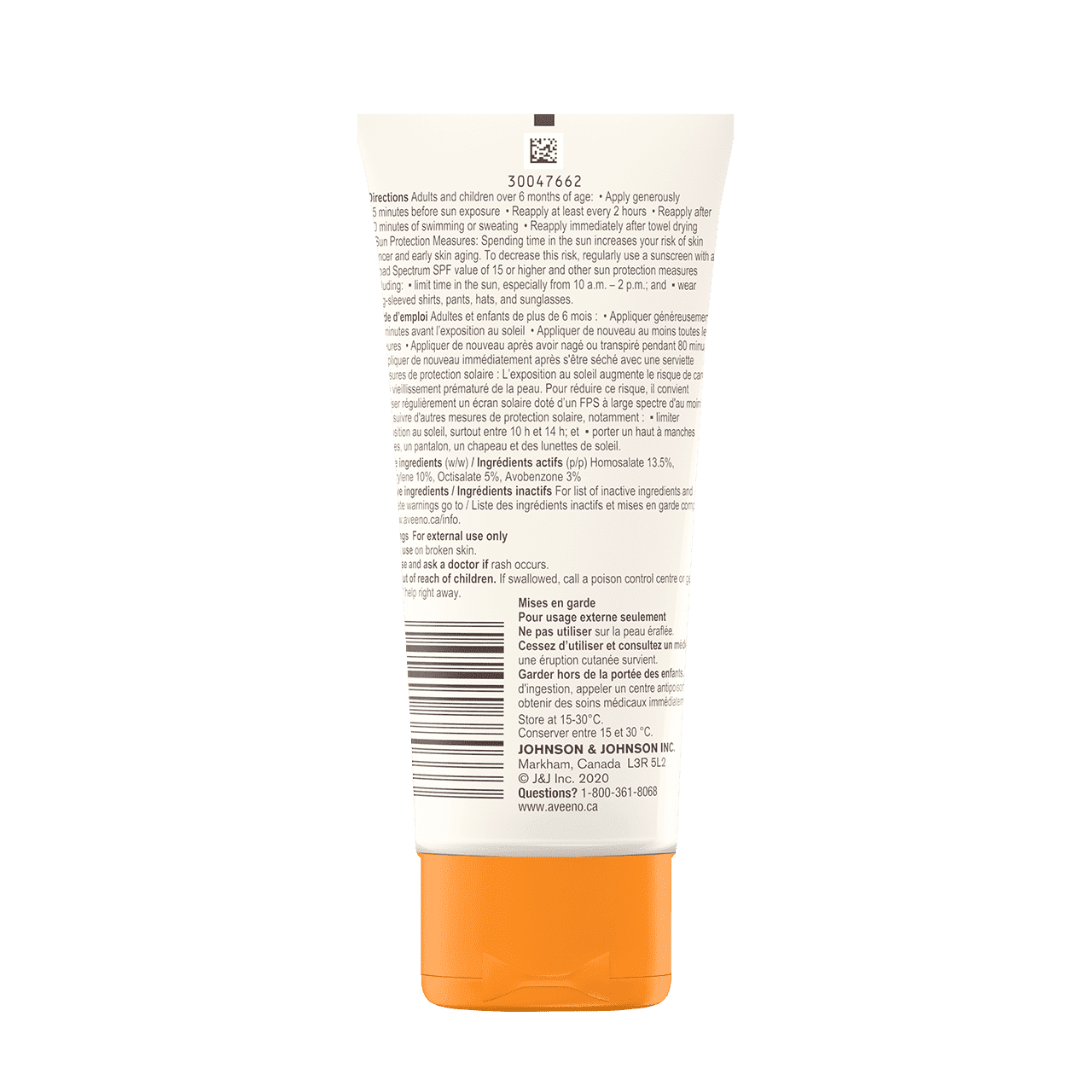 Étiquette arrière du tube de l'écran solaire AVEENO® PROTECT + HYDRATE® 