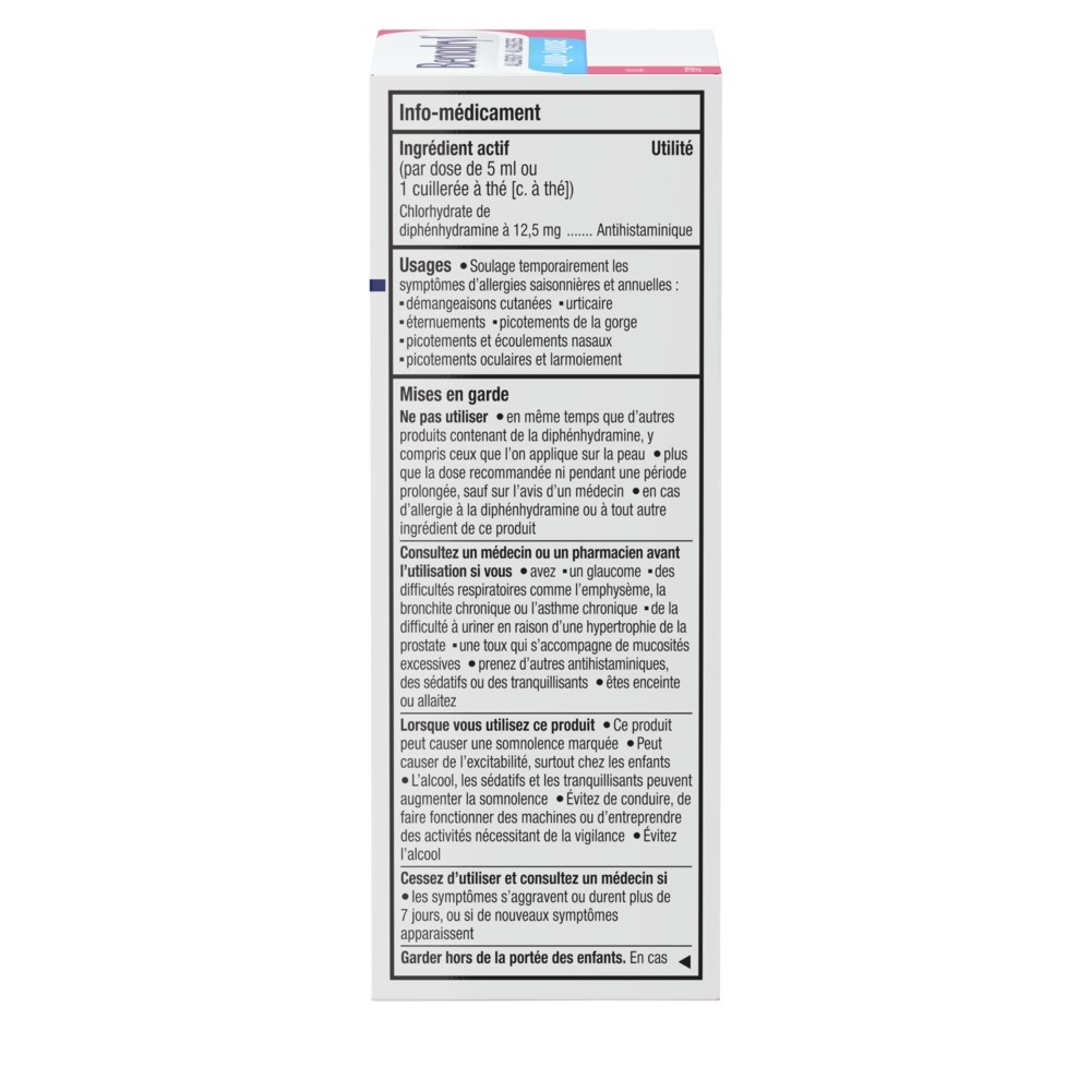 Panneau arrière avec l’info-médicament sur l'élixir antiallergique Benadryl Allergies, 100 ml  