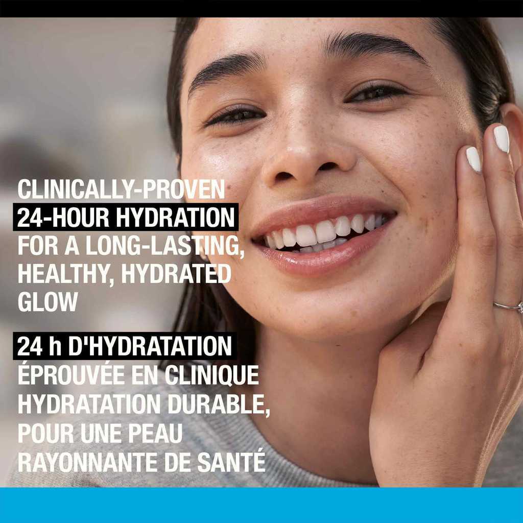 Woman touching her skin and smiling with a text stating, 'Clinically Proven 24-Hour Hydration '