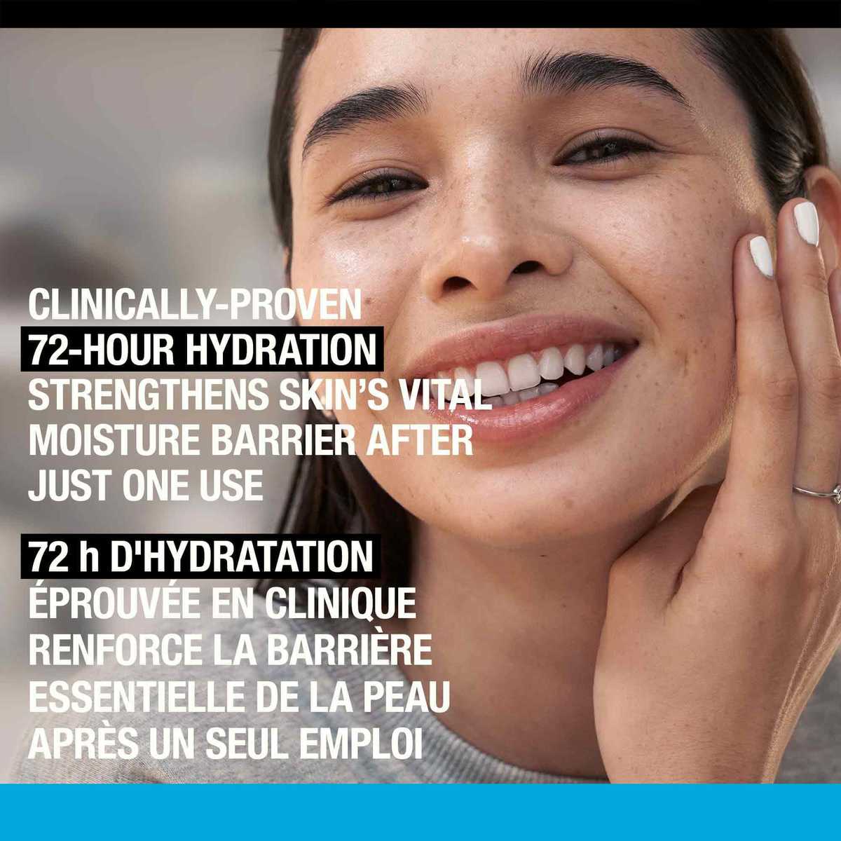 Woman touching her skin and smiling with a text stating, 'Clinically Proven 72-Hour Hydration '