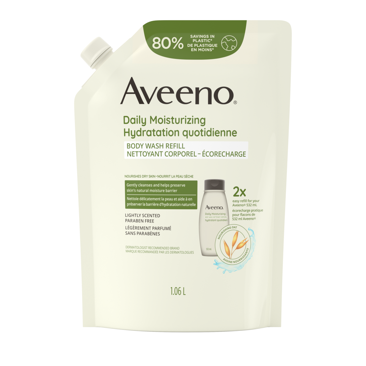 Panneau avant de l'écorecharge du nettoyant corporel AVEENO® Hydratation quotidienne