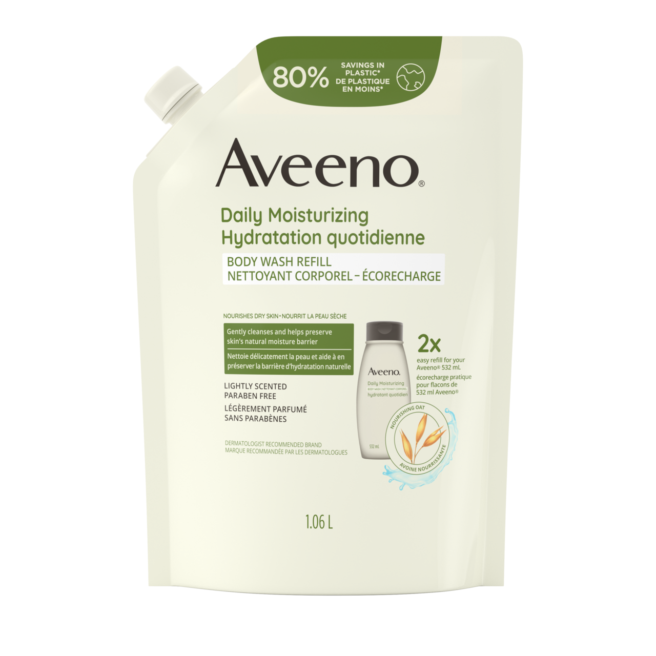 Panneau avant de l'écorecharge du nettoyant corporel AVEENO® Hydratation quotidienne
