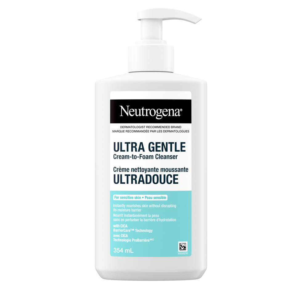 Photo de face de la bouteille à pompe de 345 mL de crème nettoyante moussante ULTRADOUCE Neutrogena®