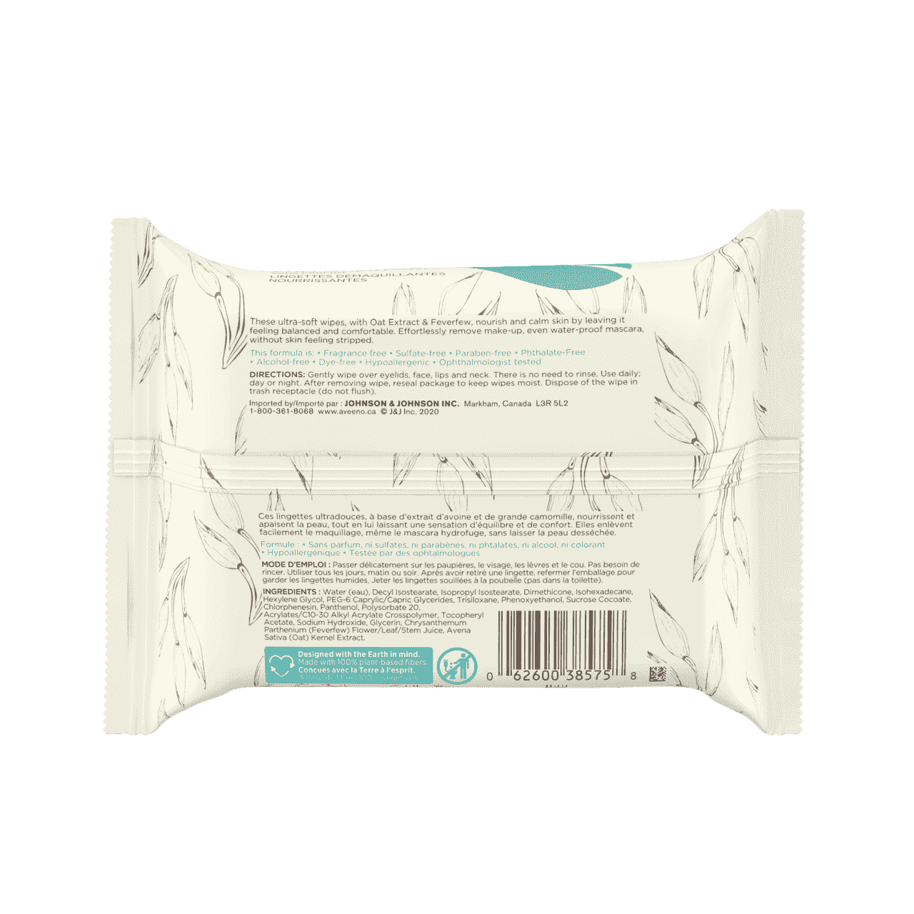 Back Shot of Pack of Aveeno® Calm + Restore wipe in 25ct