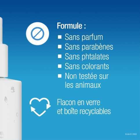 Texte indiquant « cette formule est sans parfum, sans parabènes, sans phtalates, sans colorant et non testée sur les animaux »