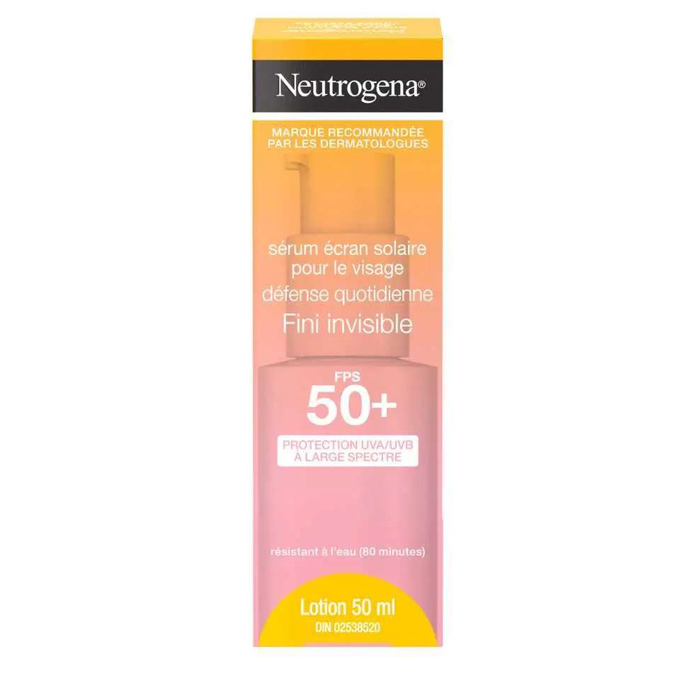 Vue de face de l’emballage du Sérum écran solaire pour le visage Neutrogena® Défense quotidienne Fini invisible, FPS 50+.