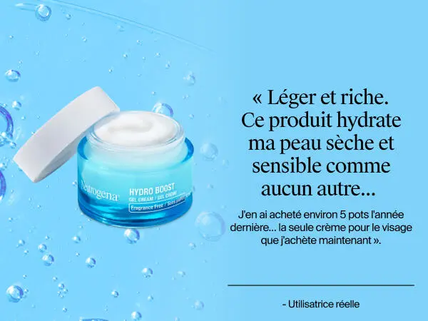 Photo de face du gel-crème Neutrogena Hydro Boost avec le couvercle ouvert, montrant le produit à l’intérieur à côté d’un avis client
