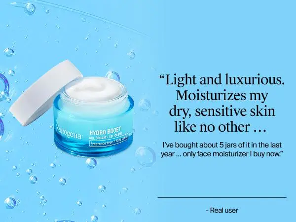 Front shot of Neutrogena Hydro Boost Gel Cream with open lid, showing the product inside next to a customer review