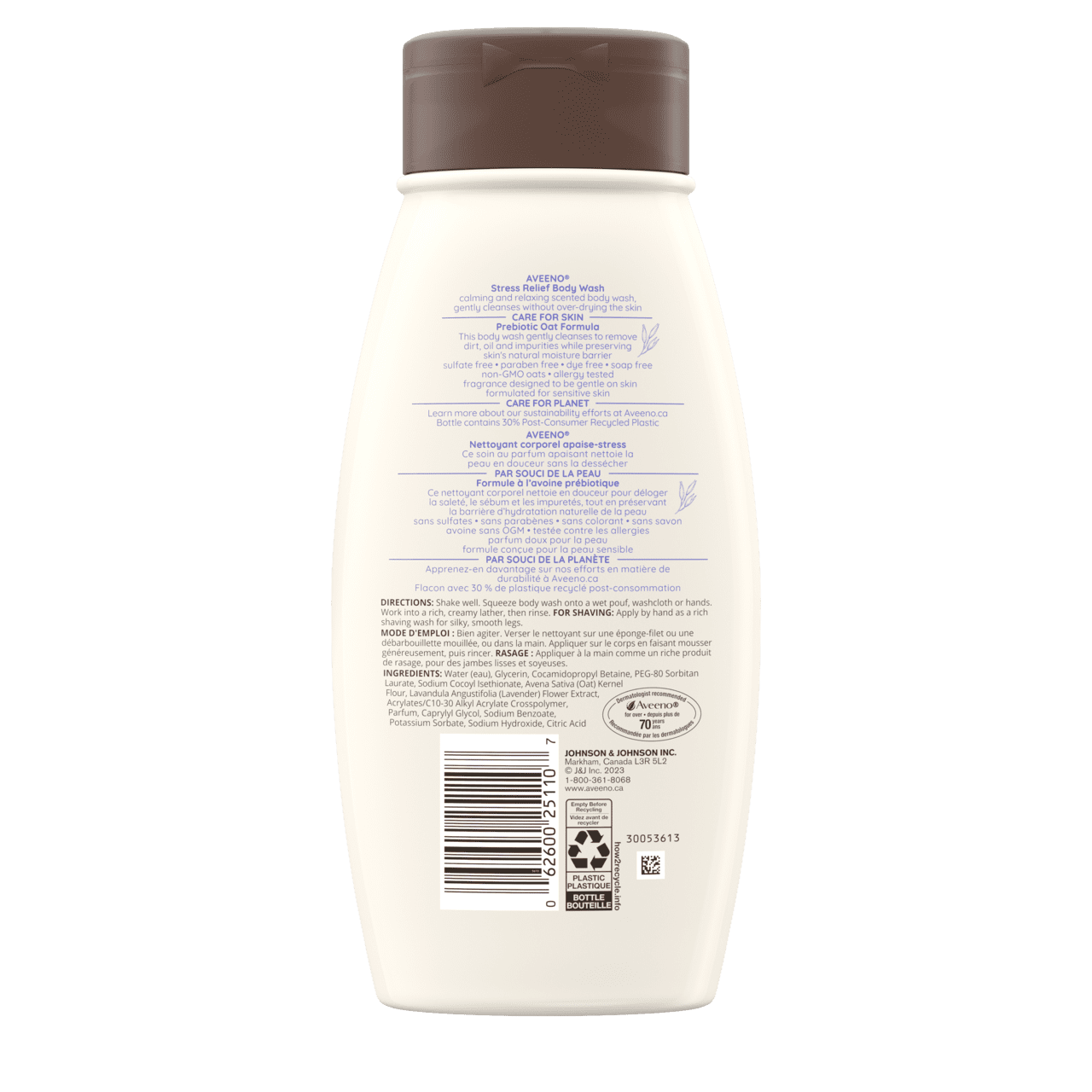 Gel nettoyant apaise-stress AVEENO®, panneau arrière du flacon de 532 ml