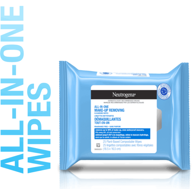 Packet of Neutrogena All-in-One Make-up Removing Cleansing Wipes, 25 plant-based compostable wipes.