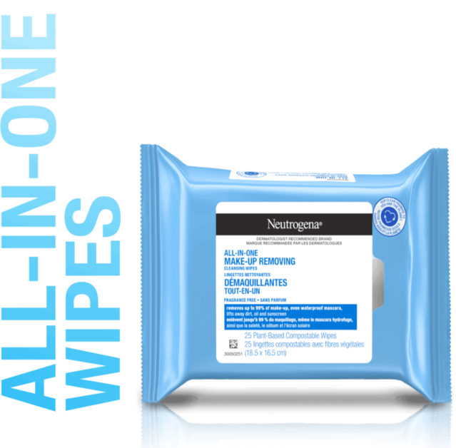 Packet of Neutrogena All-in-One Make-up Removing Cleansing Wipes, 25 plant-based compostable wipes.