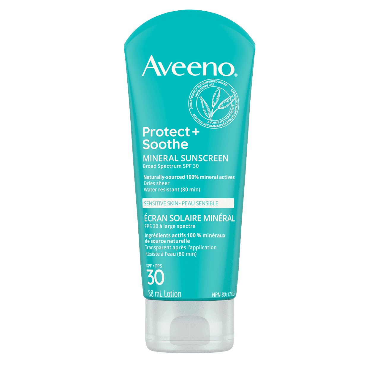 Tube à presser de 88 ml de l’écran solaire minéral AVEENO® Protect + Soothe pour peau sensible, avec FPS 30