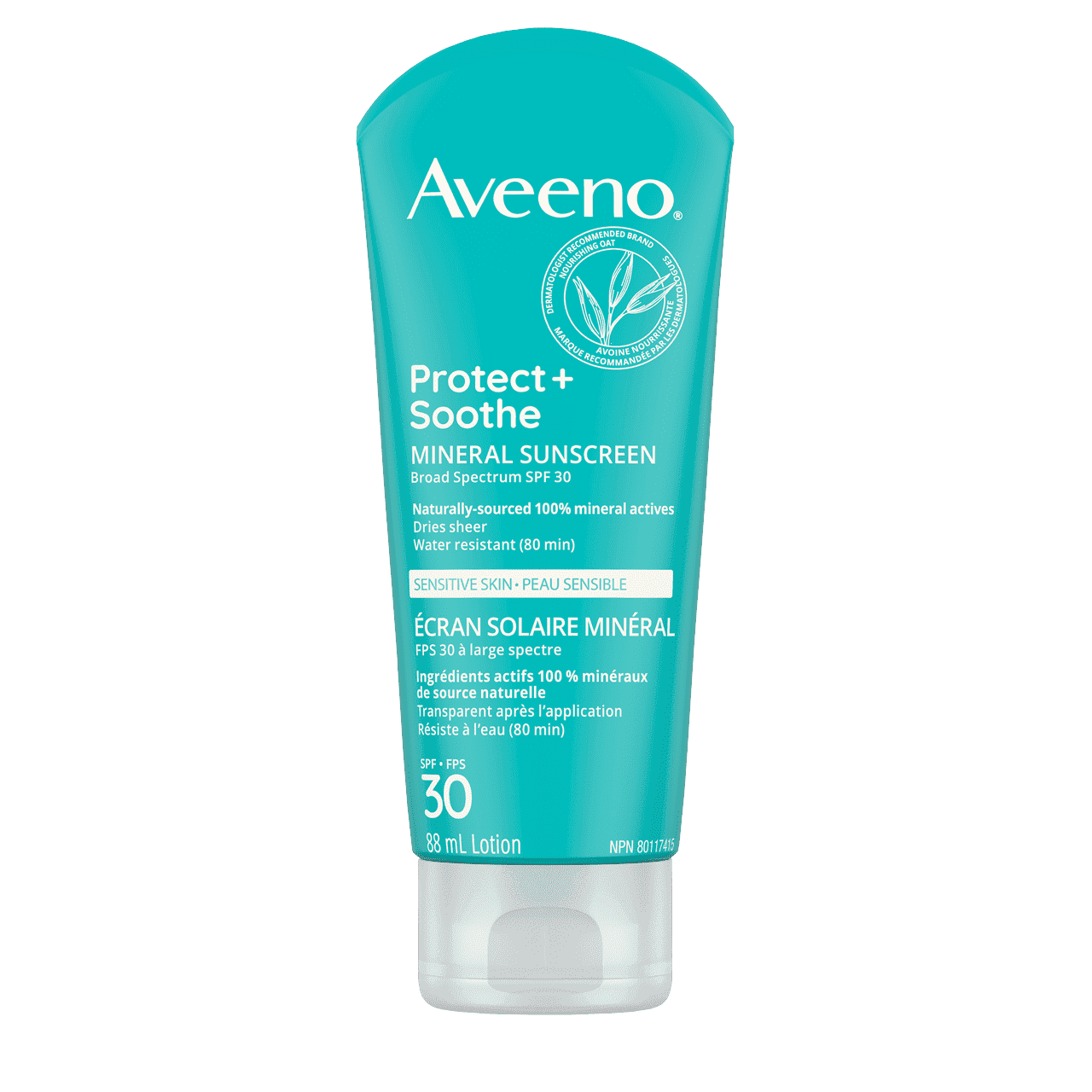 AVEENO® Protect + Soothe Mineral Sunscreen with SPF 30 for Sensitive Skin, squeeze tube, 88 mL