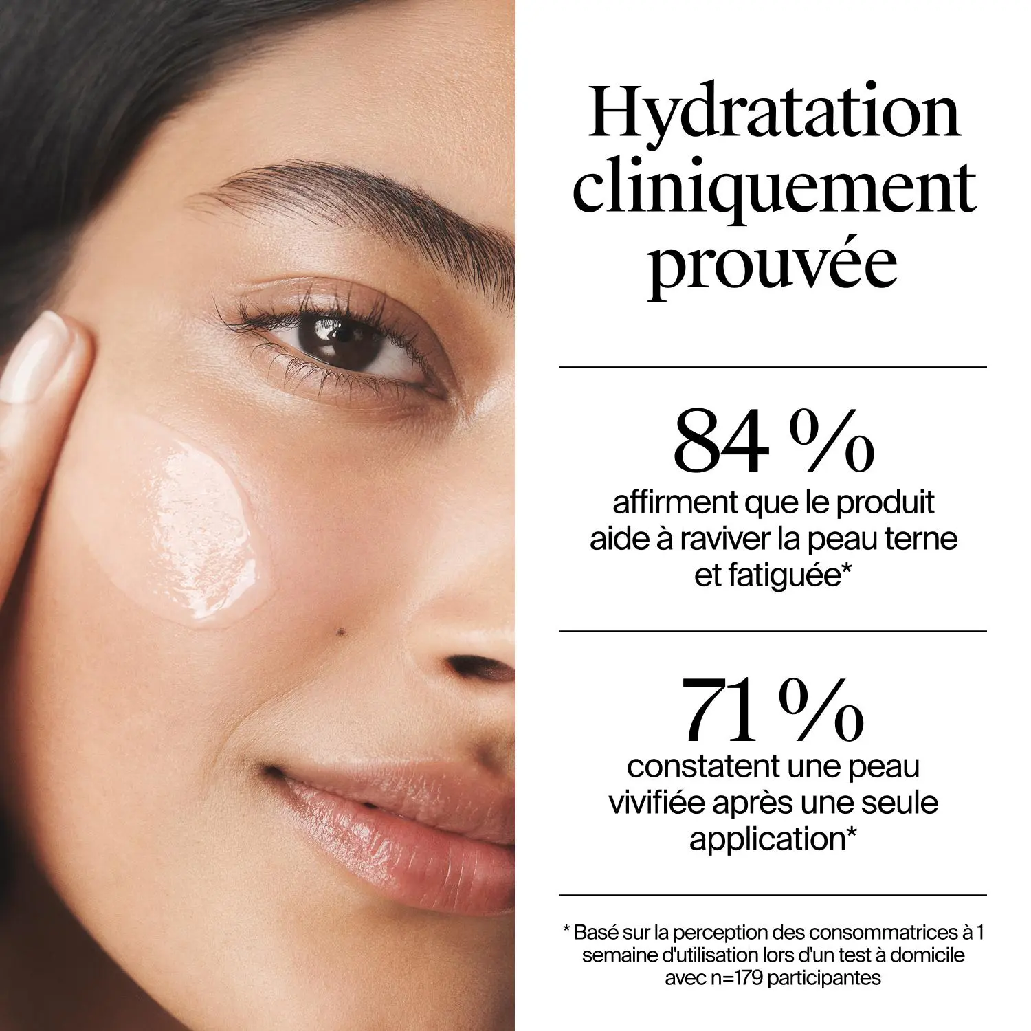 Gros plan sur le visage d’une jeune femme avec une trace de gel-crème Neutrogena Hydro Boost