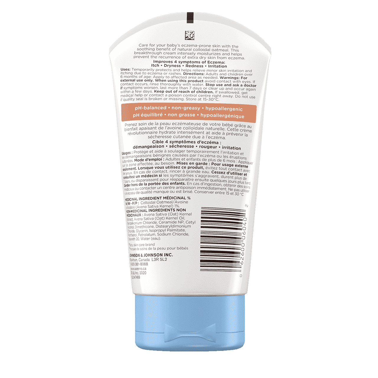 Étiquette arrière du tube de 166 ml de la crème hydratante AVEENO® BABY Soin de l'eczéma, avec avoine colloïdale et céramides 