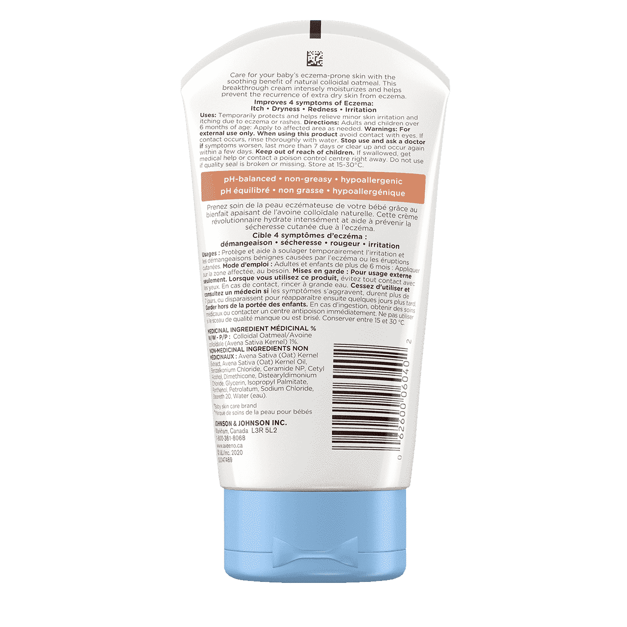 Étiquette arrière du tube de 166 ml de la crème hydratante AVEENO® BABY Soin de l'eczéma, avec avoine colloïdale et céramides 