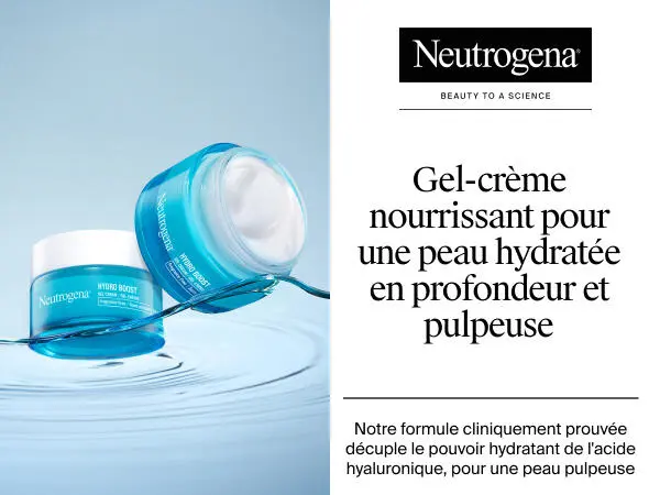 Deux pots de gel-crème Neutrogena Hydro Boost, dont l’un sans couvercle, laissant apparaître le produit à l’intérieur