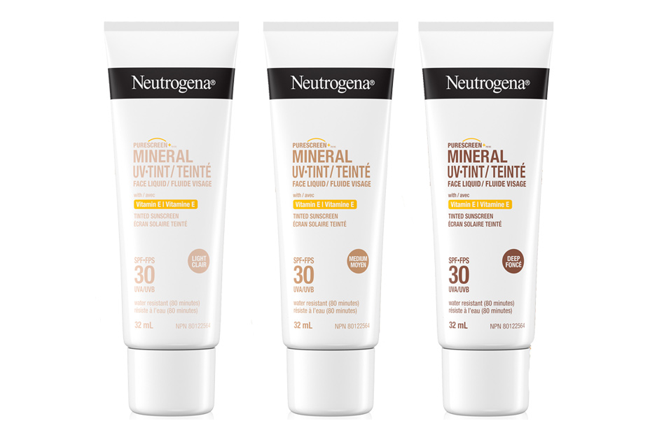 Banner with three Neutrogena® PURESCREEN® Mineral Tinted Sunscreen SPF 30 Products in Light, Medium and Deep, 32mL each.