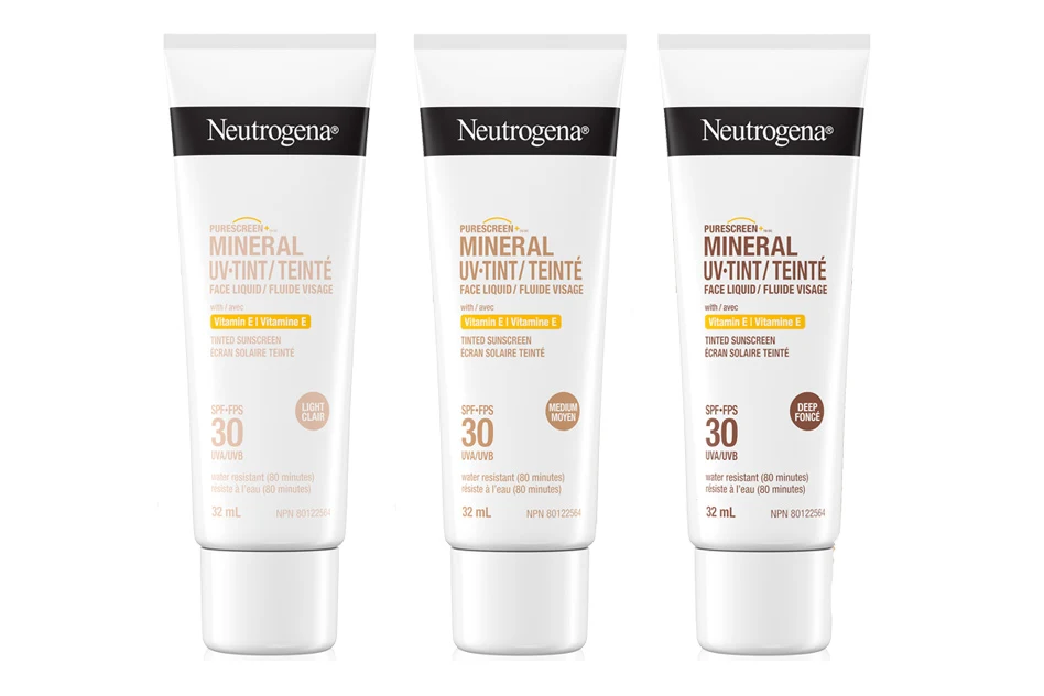 Bannière illustrant l’écran solaire minéral teinté Neutrogena® PURESCREEN®, FPS 30, en trois teintes : clair, moyen et foncé. Tubes de 32 ml.