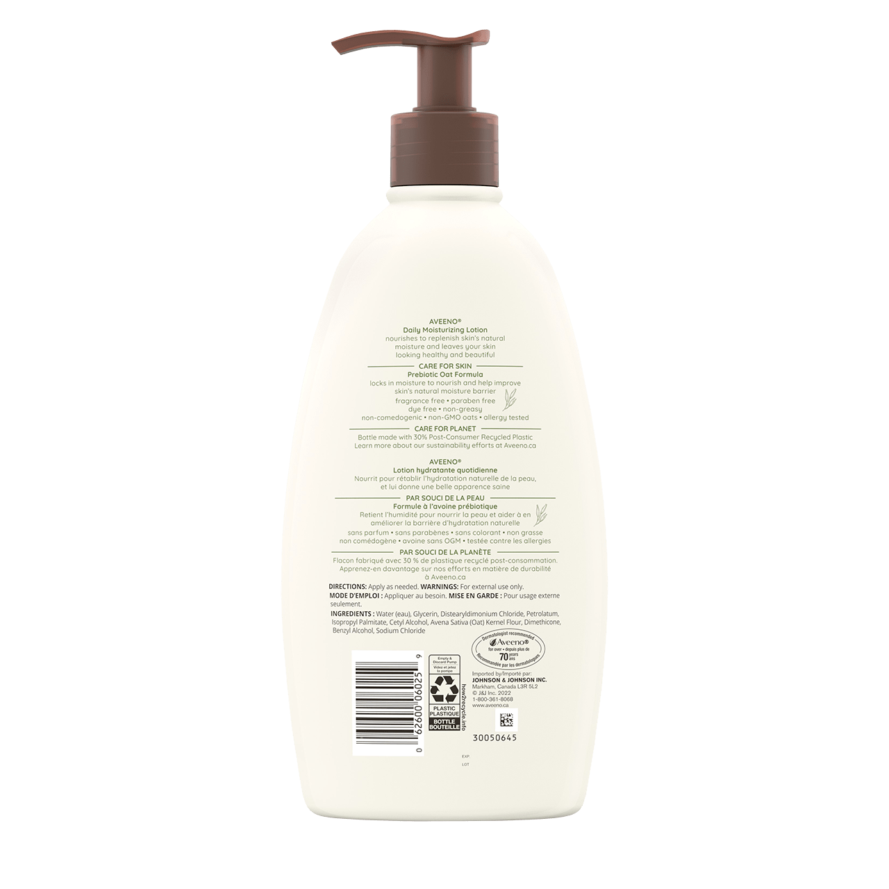 Lotion hydratante quotidienne AVEENO®, panneau arrière du flacon-pompe de 532 ml