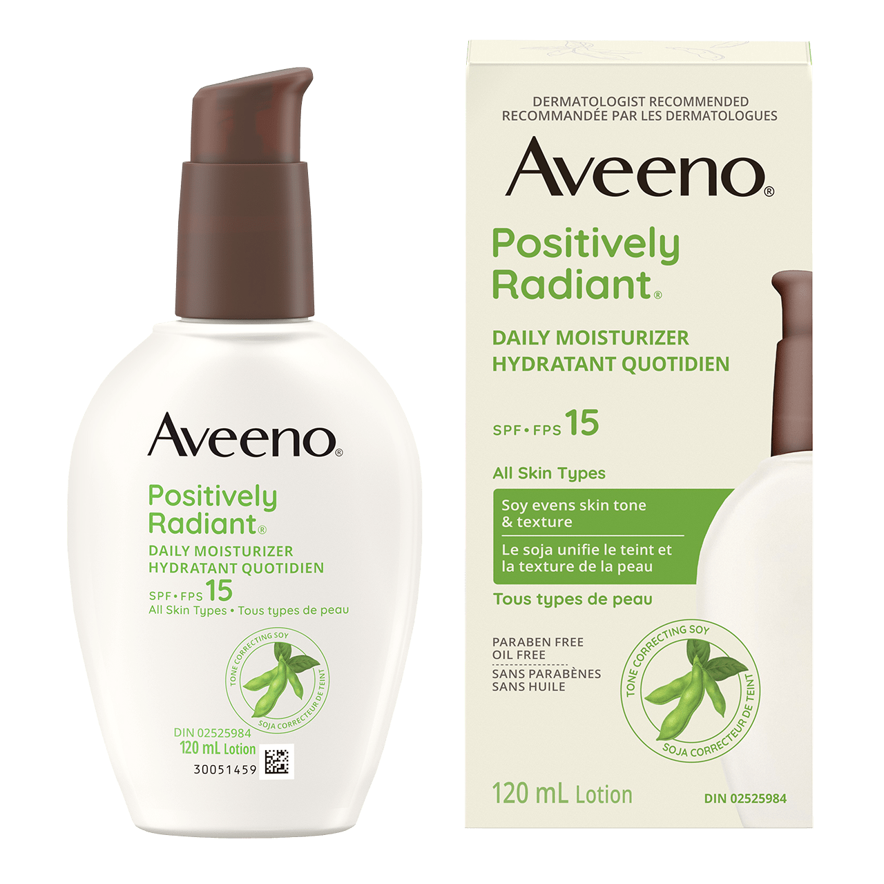 A packet of AVEENO® POSITIVELY RADIANT® Daily Moisturizer with SPF 15, pump bottle 120mL with the package next to it