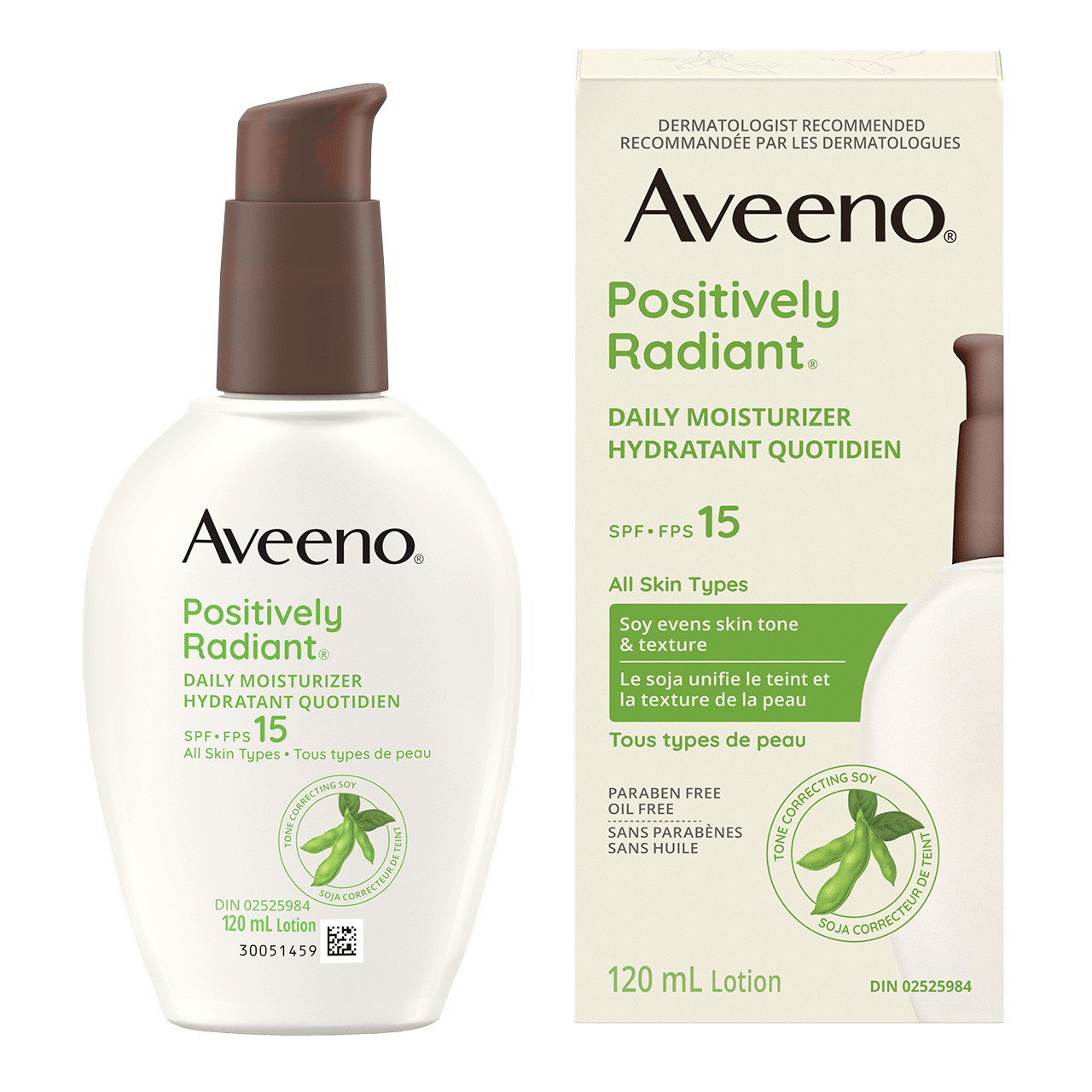 A packet of AVEENO® POSITIVELY RADIANT® Daily Moisturizer with SPF 15, pump bottle 120mL with the package next to it