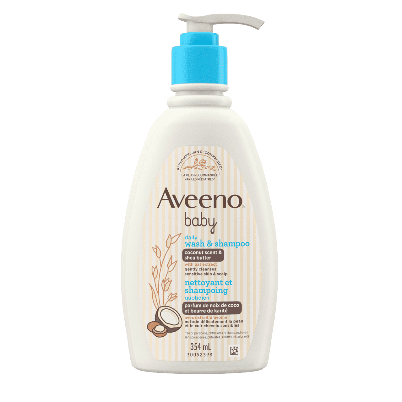 The front shot of AVEENO® Baby Daily Wash & Shampoo with Coconut Scent & Shea Butter, pump bottle, 354 mL