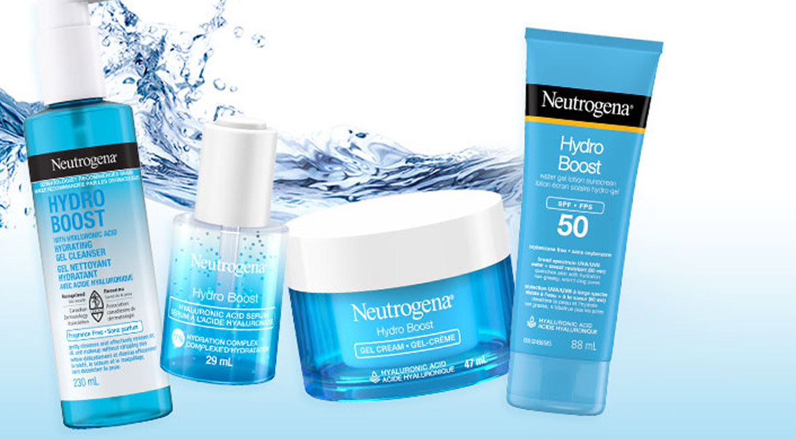 A banner with NEUTROGENA® Hydro Boost Gel Cleanser, Hyaluronic Acid Serum, Gel Cream and SPF 50 Sunscreen for face.