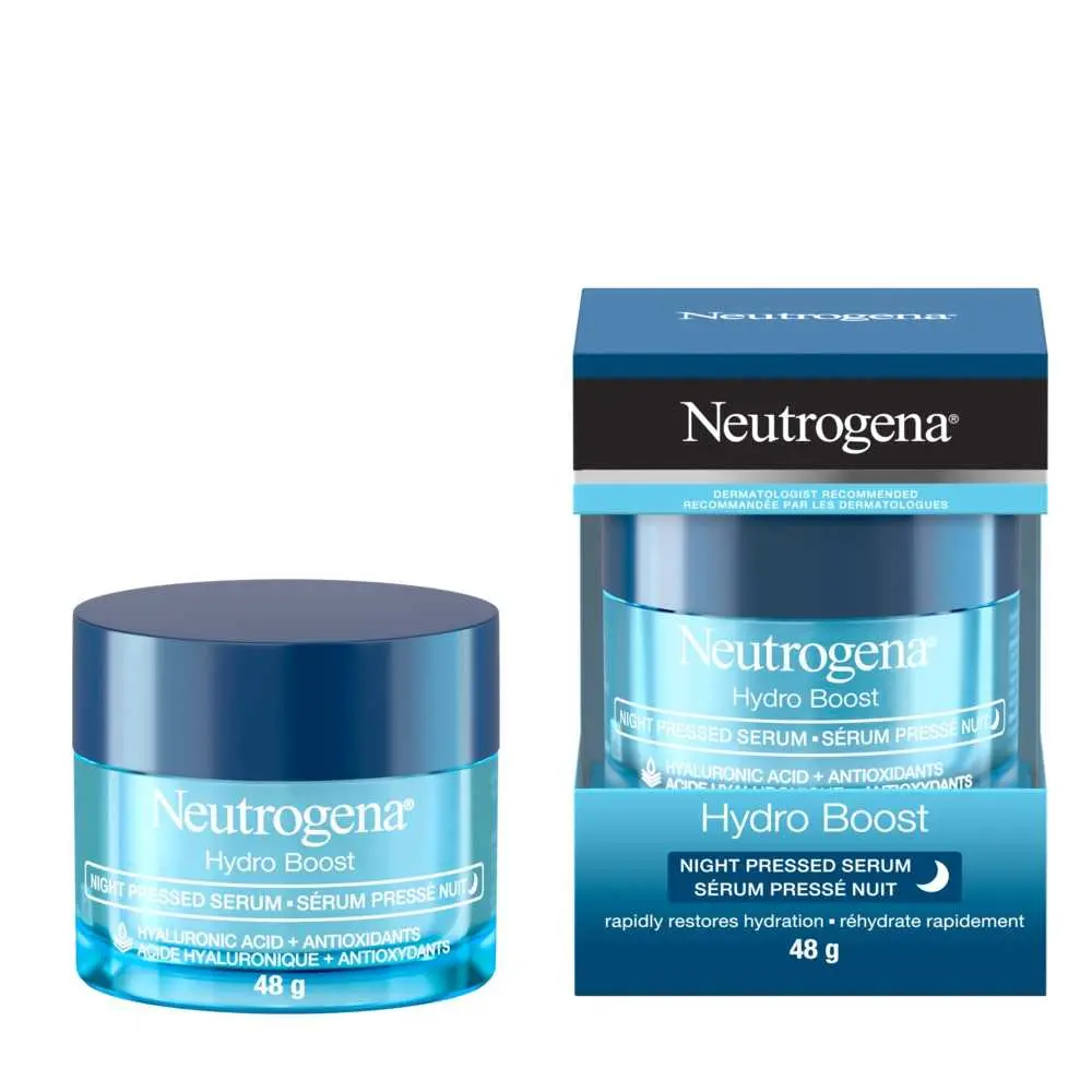 Pot de 48 g du sérum pressé Nuit NEUTROGENA HYDRO BOOST®, hors de sa boîte et dans sa boîte