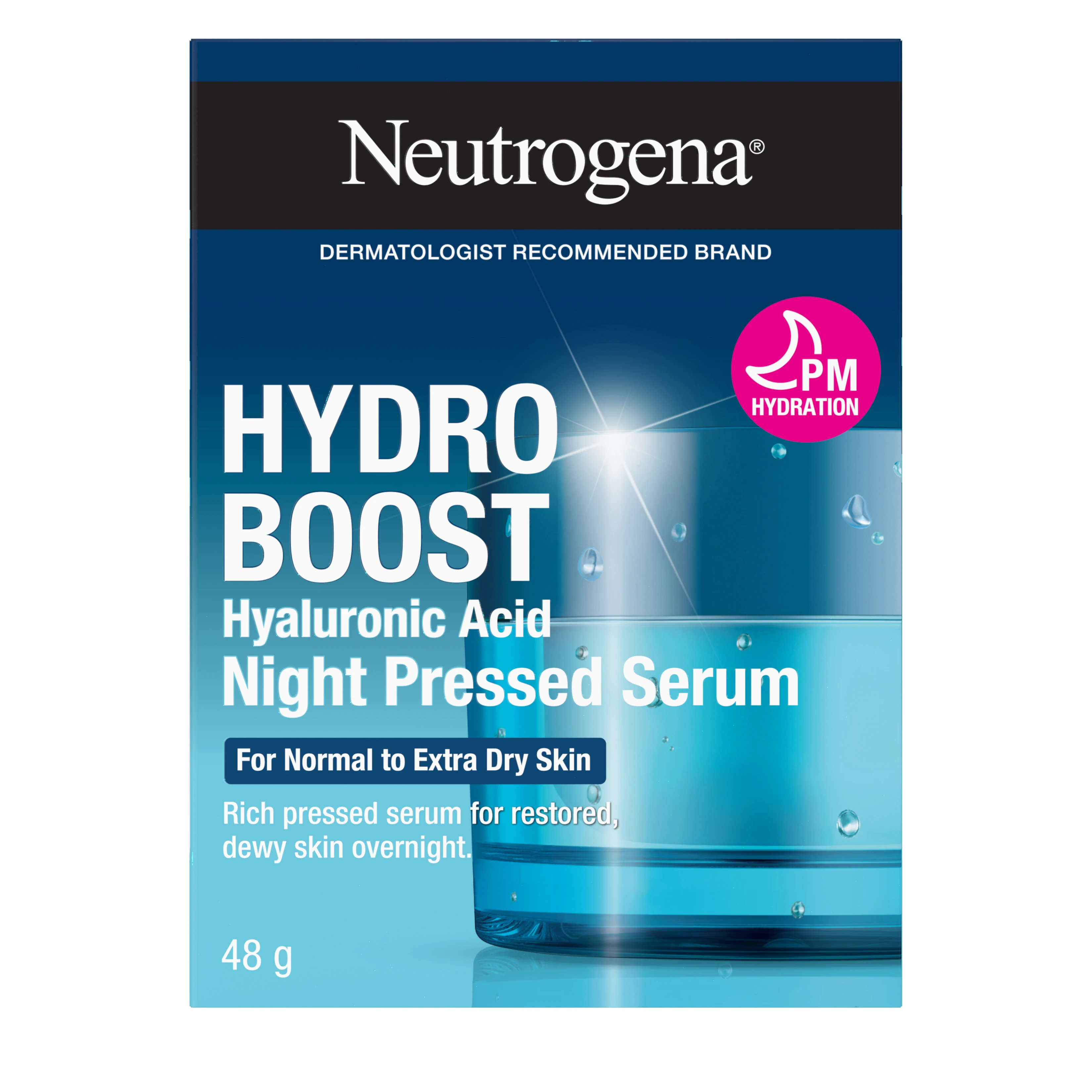 Pot de 48 g du sérum pressé Nuit NEUTROGENA HYDRO BOOST®, hors de sa boîte et dans sa boîte
