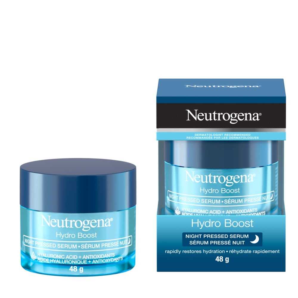 NEUTROGENA® Hydro Boost Night Pressed Serum, 48g jar next to the product with its package.