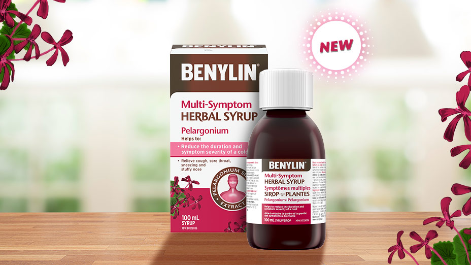 BENYLIN® Multi-Symptom Herbal Syrup Pelargonium 100 mL, the sales packaging and the syrup bottle