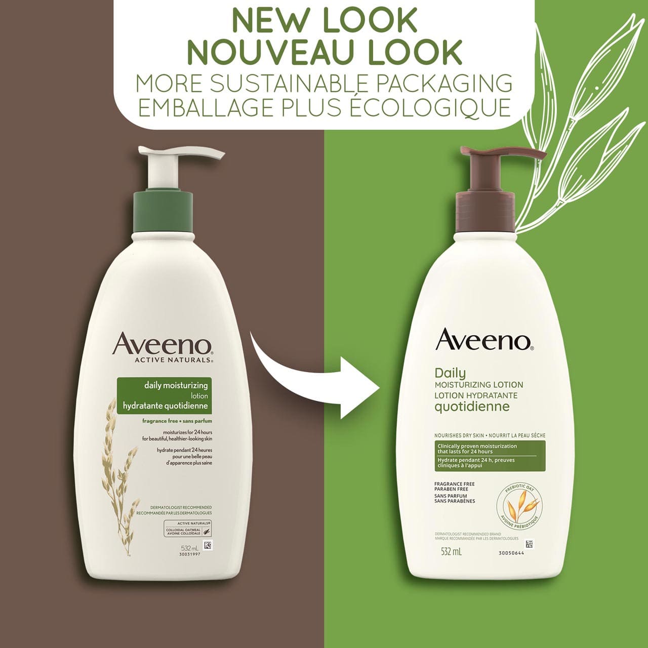 Un ancien et un nouveau flacon-pompe de 532 ml de la lotion hydratante quotidienne Aveeno, avec la mention : « Nouveau look, flacon plus écologique »