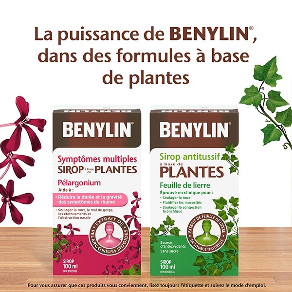 Les produits à base de plantes BENYLIN®, y compris le sirop à base de plantes BENYLIN® Symptômes multiples Pélargonium et le sirop antitussif à base de plantes BENYLIN® Feuille de lierre  