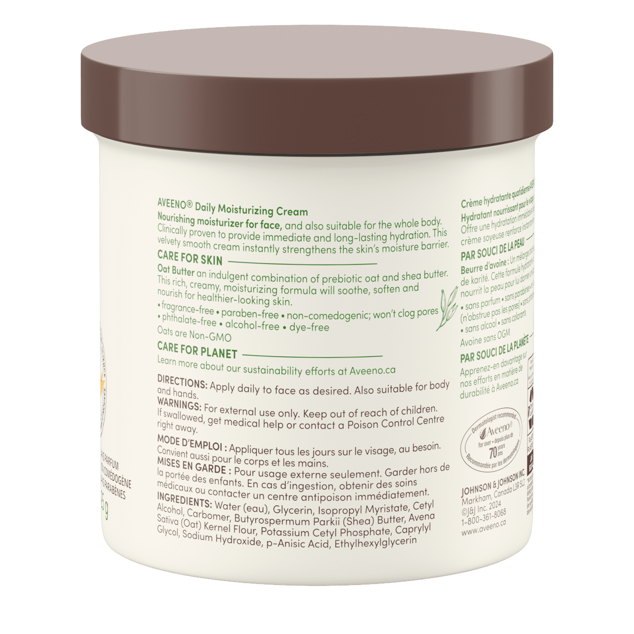 Vue arrière de la crème hydratante quotidienne pour peaux sèches et sensibles AVEENO®, pot de 425 g