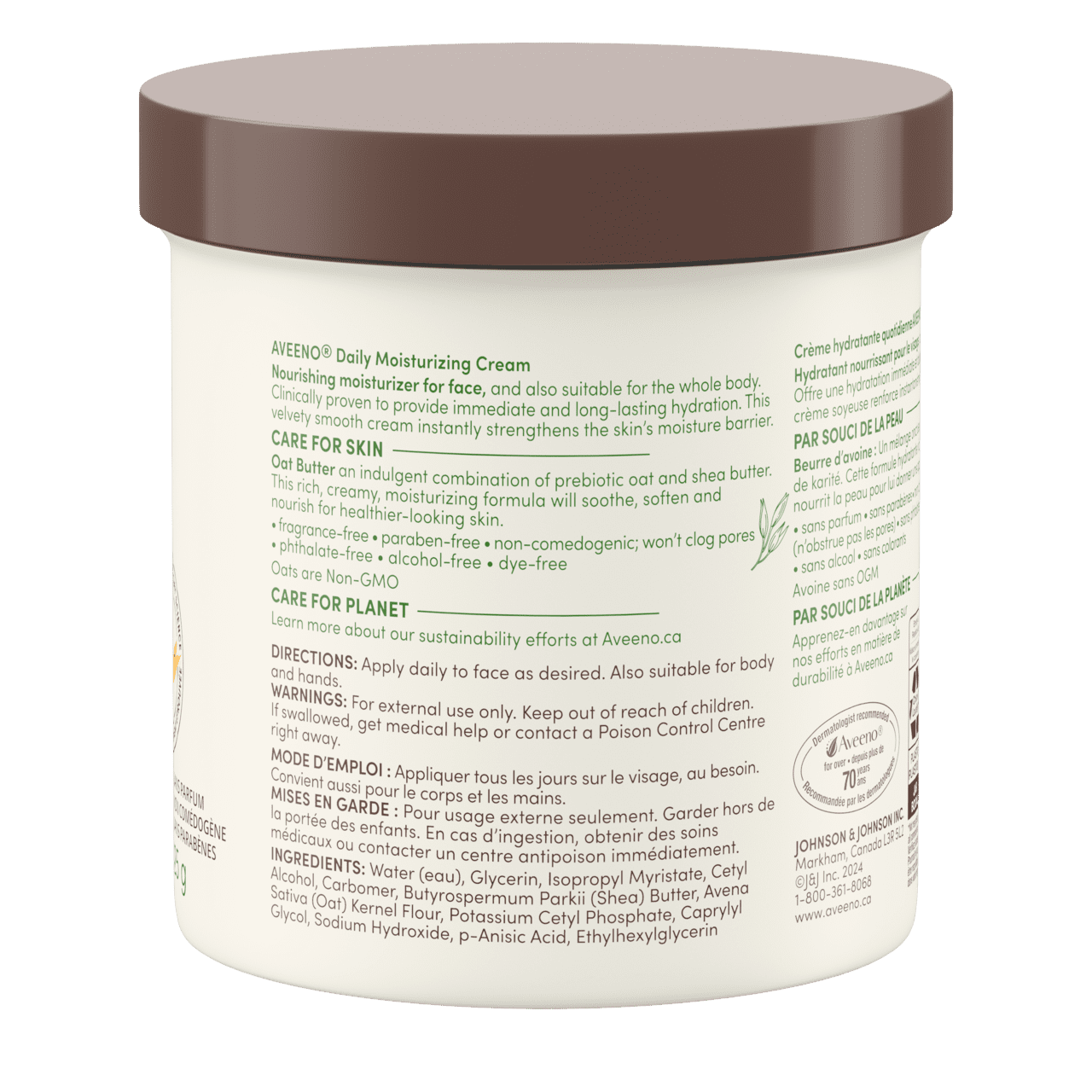 Vue arrière de la crème hydratante quotidienne pour peaux sèches et sensibles AVEENO®, pot de 425 g